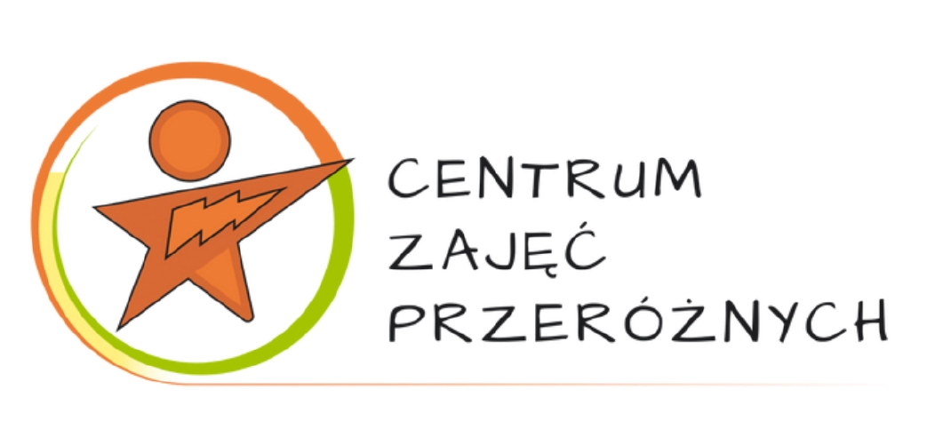 Logo „Centrum Zajęć Przeróżnych” ze stylizowaną pomarańczową postacią z gwiazdą i błyskawicą w kole, napis po prawej.