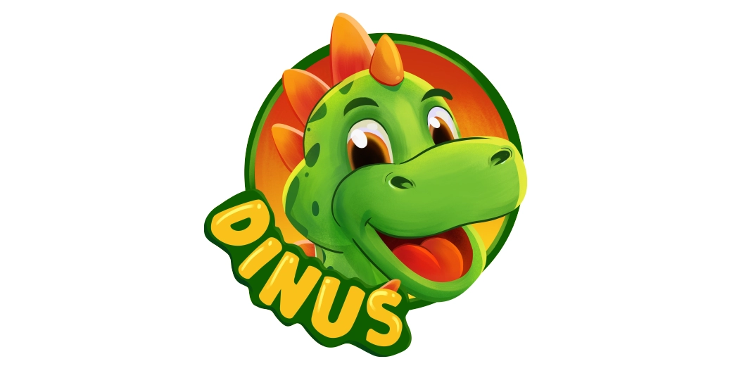 Logo Dinuś: uśmiechnięty zielony dinozaur z pomarańczowymi kolcami w pomarańczowo-zielonym okręgu i napisem poniżej